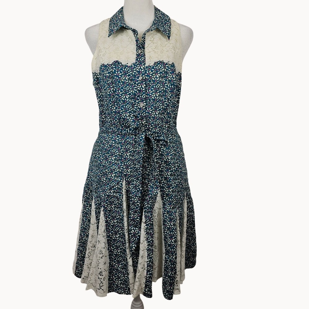 Betsey Johnson Cotton Sleeveless Floral Dress 10 Lace Blue White Cottagecore Tea